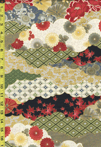 Quilt Gate - Hyakka Ryoran Shiki - Floral Clouds & Seven Treasures - HR3380-13D - Red, Black, Green & Gray - Last 2 3/4 Yards