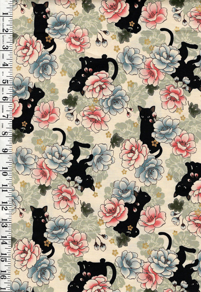 *Quilt Gate - Neko Mini Cats & Peonies - HR3450-11A - CREAM