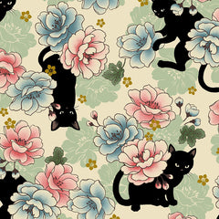 *Quilt Gate - Neko Mini Cats & Peonies - HR3450-11A - CREAM