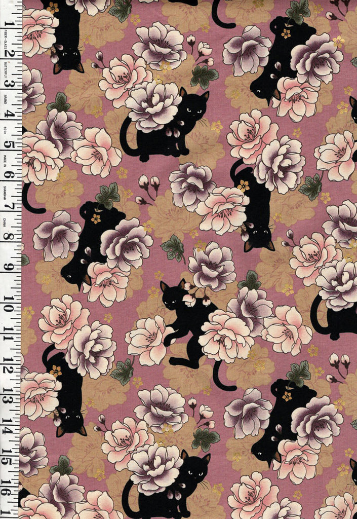 *Quilt Gate - Neko Mini Cats & Peonies - HR3450-11B - ROSEY PINK