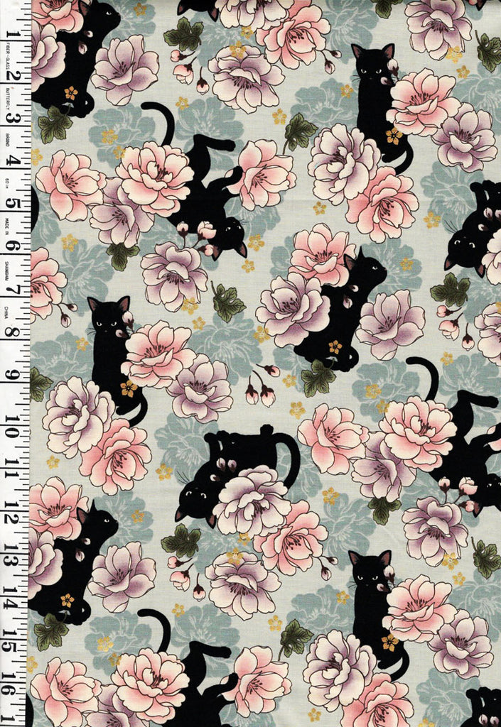 *Quilt Gate - Neko Mini Cats & Peonies - HR3450-11C - AQUA