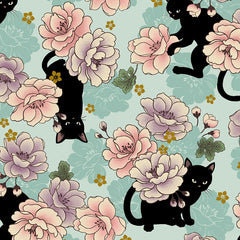 *Quilt Gate - Neko Mini Cats & Peonies - HR3450-11C - AQUA