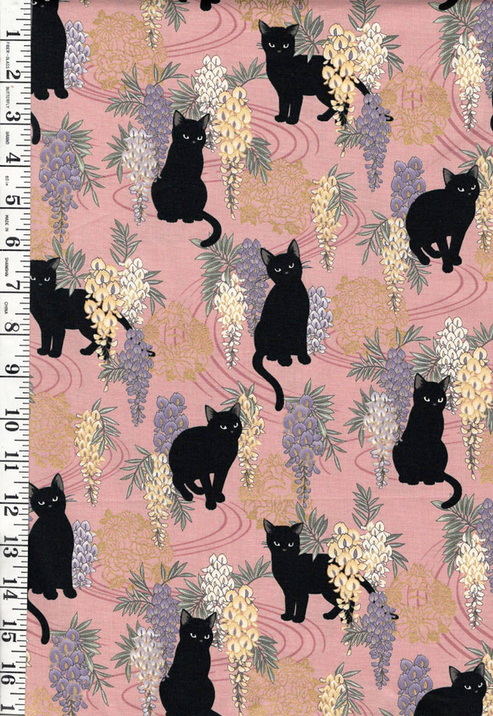 *Quilt Gate - Neko Mini Cats & Wisteria - HR3450-12B - MAUVE PINK