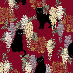 *Quilt Gate - Neko Mini Cats & Wisteria - HR3450-12E - DARK RED