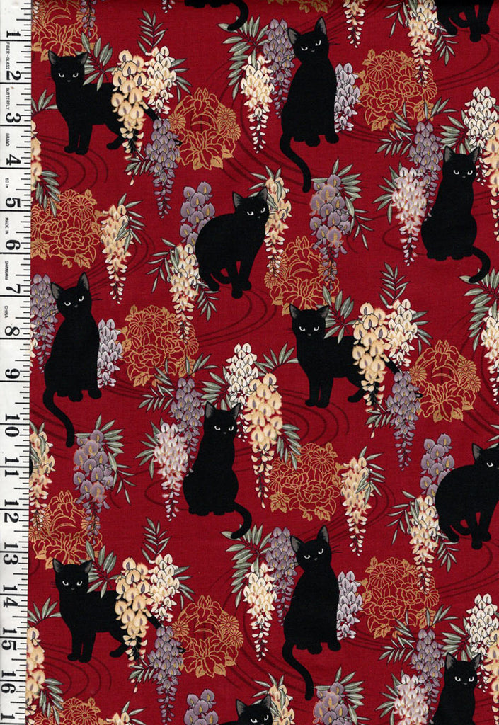 *Quilt Gate - Neko Mini Cats & Wisteria - HR3450-12E - DARK RED