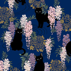 *Quilt Gate - Neko Mini Cats & Wisteria - HR3450-12F - NAVY