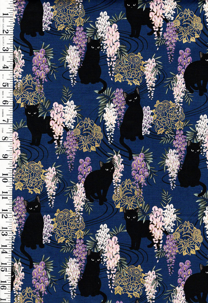 *Quilt Gate - Neko Mini Cats & Wisteria - HR3450-12F - NAVY