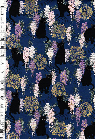 *Quilt Gate - Neko Mini Cats & Wisteria - HR3450-12F - NAVY