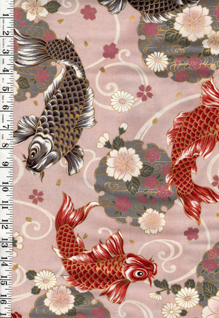 *Japanese - Quilt Gate - Large Colorful Koi, Floating Blossoms & Medallions - Mauve - Last 1 1/4 yard