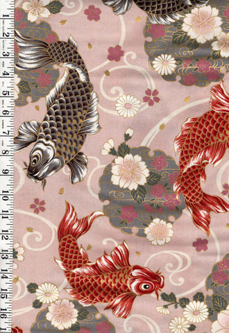 *Japanese - Quilt Gate - Large Colorful Koi, Floating Blossoms & Medallions - Mauve - Last 1 1/4 yard