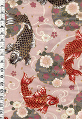 *Japanese - Quilt Gate - Large Colorful Koi, Floating Blossoms & Medallions - Mauve - Last 1 1/4 yard
