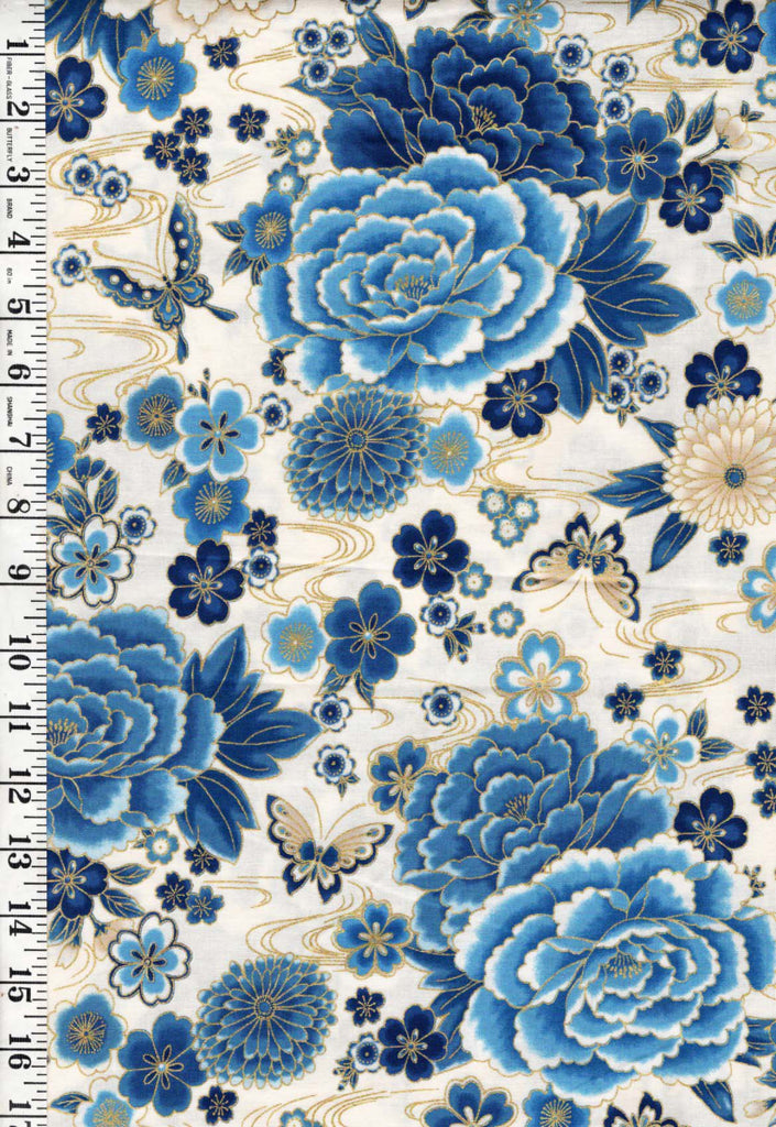 Asian - Imperial Beautiful Blue Peonies - SRKM-18622 - Ivory - Last 7/8 yard