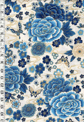 Asian - Imperial Beautiful Blue Peonies - SRKM-18622 - Ivory - Last 7/8 yard