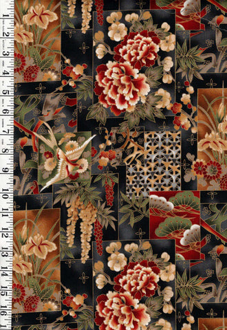 *Asian - Imperial Collection - Birds & Floral Patchwork - Charcoal - Last 1 yard