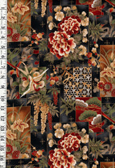 *Asian - Imperial Collection - Birds & Floral Patchwork - Charcoal - Last 1 yard