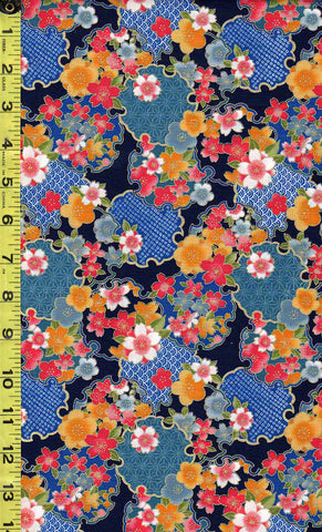 Asian - Sakura Brook - Sevenberry Cherry Blossoms & Floral Medallions - SB-850288D2-3 - Navy - Last 1 7/8 Yards