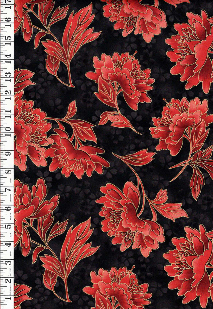 Asian -  Kingyo Peonies # 19841 - Brick Red & Black - Last 3/4 yard