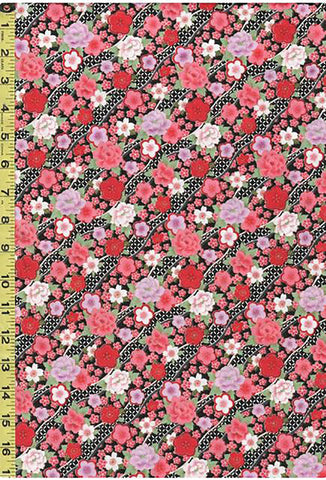 Japanese - Sevenberry Small Cherry Blossoms & Peonies on Diagonal Ribbons - SB-850184-D2-4 - Black - ON SALE - SAVE 20% - By the Yard