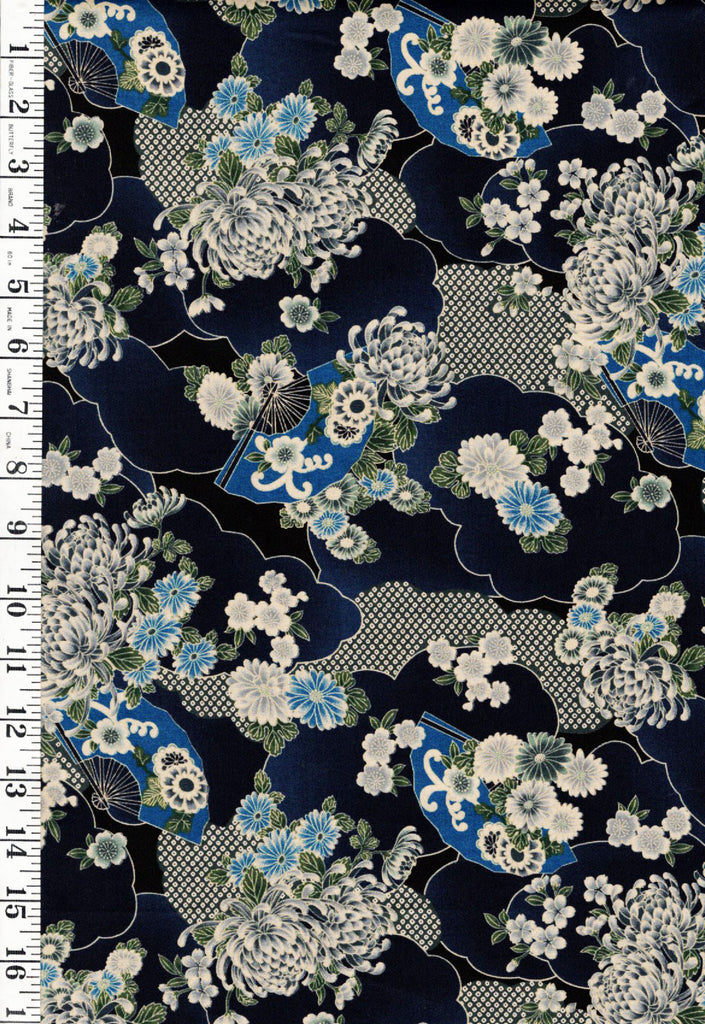 *Japanese Sevenberry - Floral Fans, Mums, Clouds & Shibori Motif - SB-850561-D1-1 - Indigo - By the Half Yard