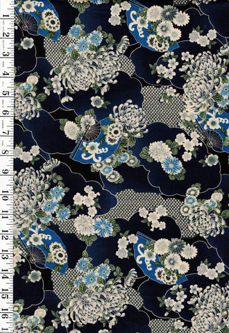 *Japanese Sevenberry - Floral Fans, Mums, Clouds & Shibori Motif - SB-850561-D1-1 - Indigo - By the Half Yard