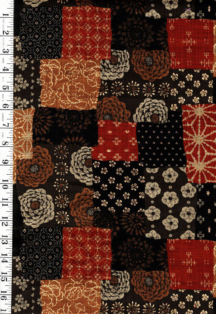 *Japanese - Sevenberry Nara Homespun - Floral Patchwork Collage with Gold Metallic - SB-88501-1-6 - Brown