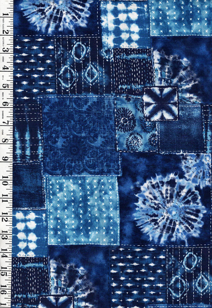 *Japanese - Senyo Shibori Tie-Dye Look - Boro Collage with Sashiko Motifs - SO-58700-2A - Royal Blue - 2 1/4 Yard Piece