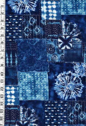 Japanese - Senyo Shibori Tie-Dye Look - Boro Collage with Sashiko Motifs - SO-58700-2A - Royal Blue