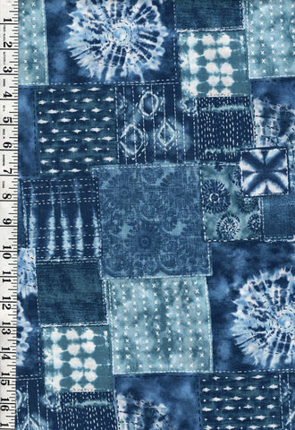 Japanese - Senyo Shibori Tie-Dye Look - Boro Collage with Sashiko Motifs - SO-58700-2B - Denim Blue