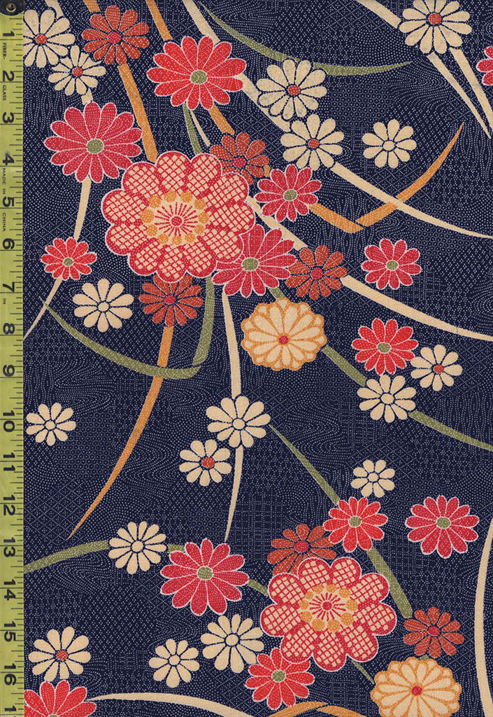 977 - Japanese Silk - Floating Daisies & Clusters - Navy