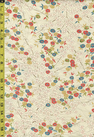 978 - Japanese Silk - Small Cherry Blossoms and Daisies - Cream