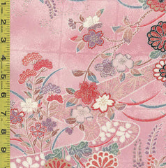 979 - Japanese Silk - Flowers & Floral River Swirls with Silver Metallic Accents - Pink