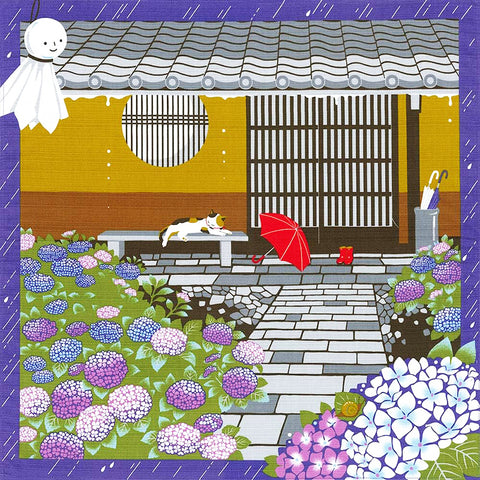 Furoshiki - Japanese Wrapping Cloth - Sleeping Tama Cat & Floral Garden