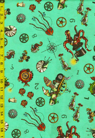 Tropical - Aquatic Steampunkery - Floating Characters - Turtles, Crabs, Fish, Gears - 1649-28392-Q - Aqua Green - Last 2 1/2 Yards