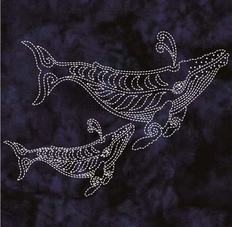 Sashiko - Pre-printed Sea Life Panel - Two Whales - Indigo