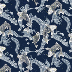 Japanese - Cosmo Stylized Koi, Mt. Fuji & Great Wave - SP3700-2D - Dark Navy