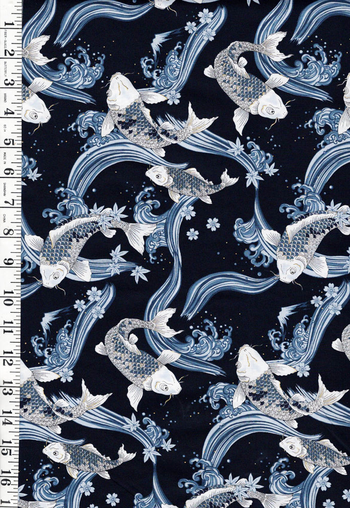 *Japanese - Cosmo Stylized Koi, Mt. Fuji & Great Wave - SP3700-2D - Dark Navy