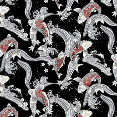 *Japanese - Cosmo Stylized Koi, Mt. Fuji & Great Wave - SP3700-2E - Black