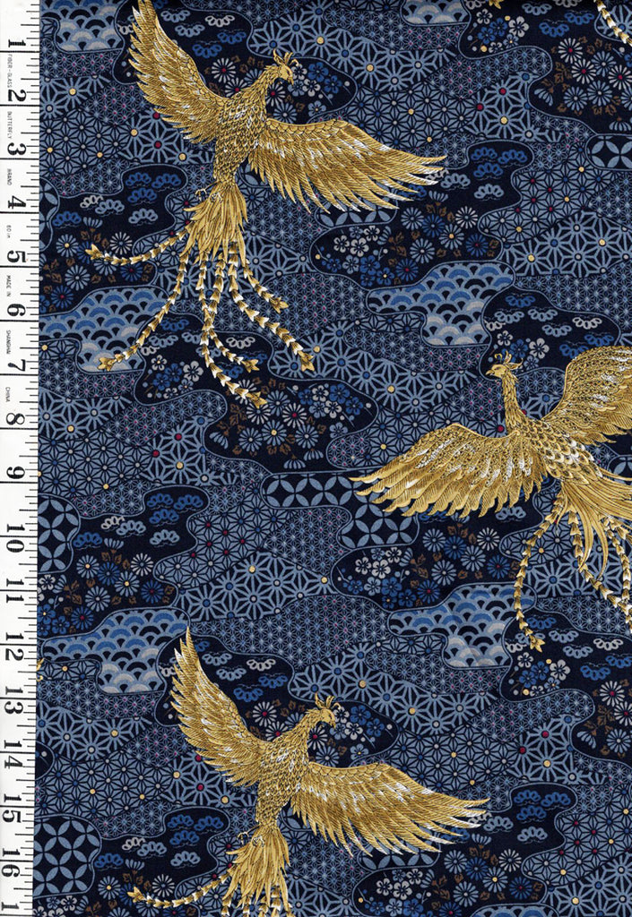 *Japanese - Cosmo Golden Phoenix, Flowers & Japanese Motifs- SP3700-3D - Blue - Last 2 1/3 Yards