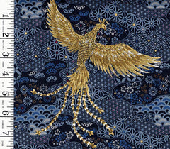 *Japanese - Cosmo Golden Phoenix, Flowers & Japanese Motifs- SP3700-3D - Blue - Last 2 1/3 Yards