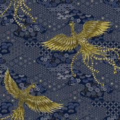 *Japanese - Cosmo Golden Phoenix, Flowers & Japanese Motifs- SP3700-3D - Blue - Last 2 1/3 Yards