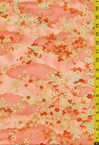 *Asian - Imperial Collection-Honoka - Tiny Colorful Maple Leaves, Blossoms, Pines & Clouds - SRKM-21935-144 - Peach - Last 2 3/8 Yards