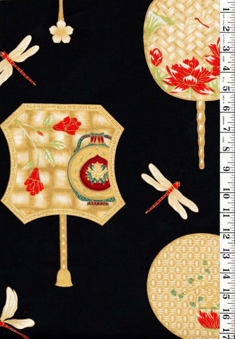 Asian - Leesa Chandler - Summer Palace - Asian Fans & Dragonflies - Black - Last 1 yard