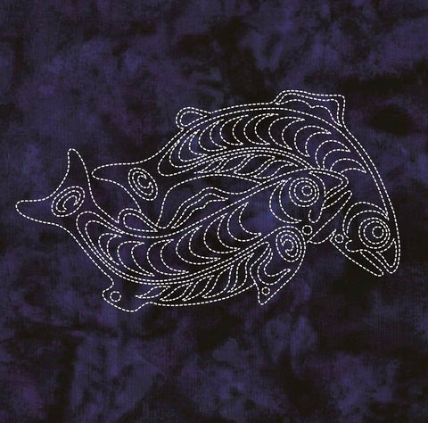 Sashiko - Pre-printed Sea Life Panel - Salmon - Indigo