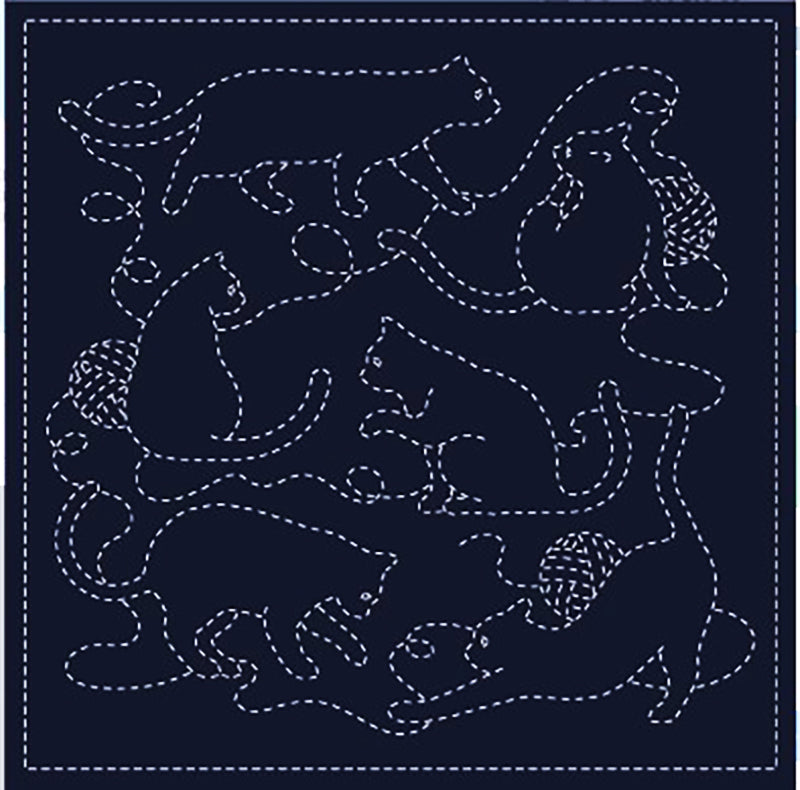 Sashiko Pre-printed Sampler - KF2026-49NV - QH Textiles - ALL YOU NEED IS (Cats & Yarn Balls) - Navy