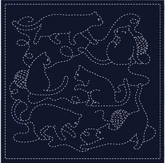 Sashiko Pre-printed Sampler - KF2026-49NV - QH Textiles - ALL YOU NEED IS (Cats & Yarn Balls) - Navy
