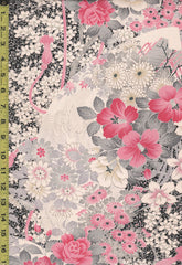 607 - Japanese Silk - Japanese Floral Garden - Pink, Grey & Black - Last 30 Inches