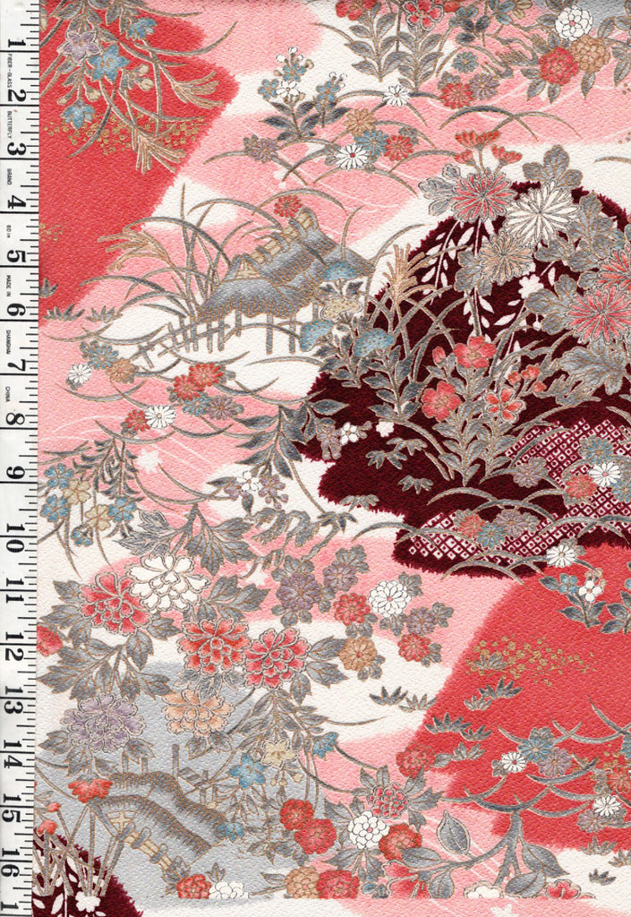 1025 - Japanese Silk - Japanese Floral Garden Countryside - Soft Ivory, Pink, Coral, Gray