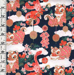 *Japanese Novelty - Year of the Snake Celebration - Small Shi Shi Dogs & Snakes - 120-5453 - Charcoal - By the Half Yard