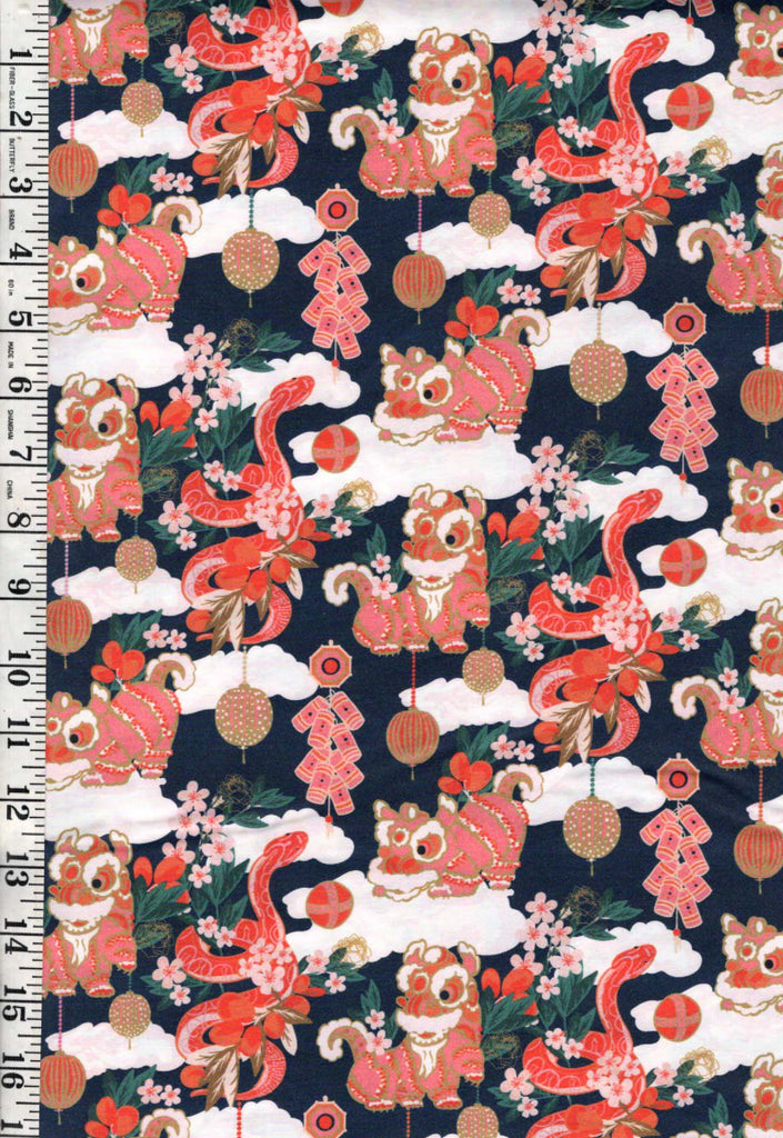 *Japanese Novelty - Year of the Snake Celebration - Small Shi Shi Dogs & Snakes - 120-5453 - Charcoal - By the Half Yard
