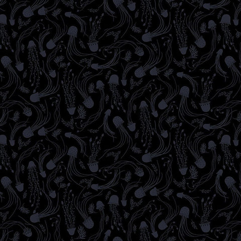 *Tonal Blender - Black Monochrome Swirling Octopus & Seaweed Branches- Stella P2097 - Black
